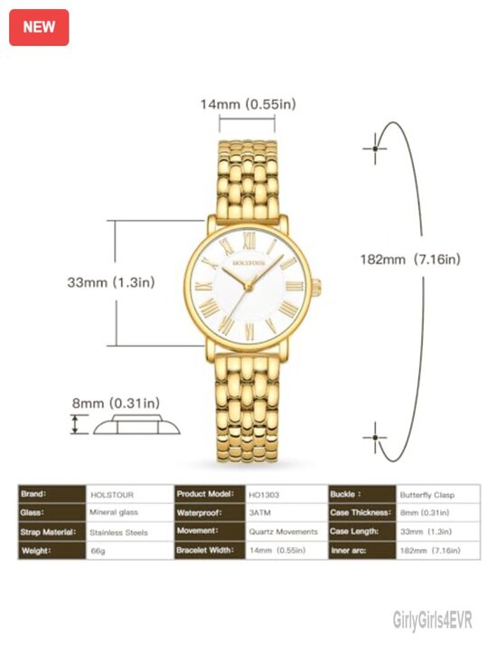 Gold Watch for Women with Roman Dial Stainless Steel Band, Quartz Movement, 30M
